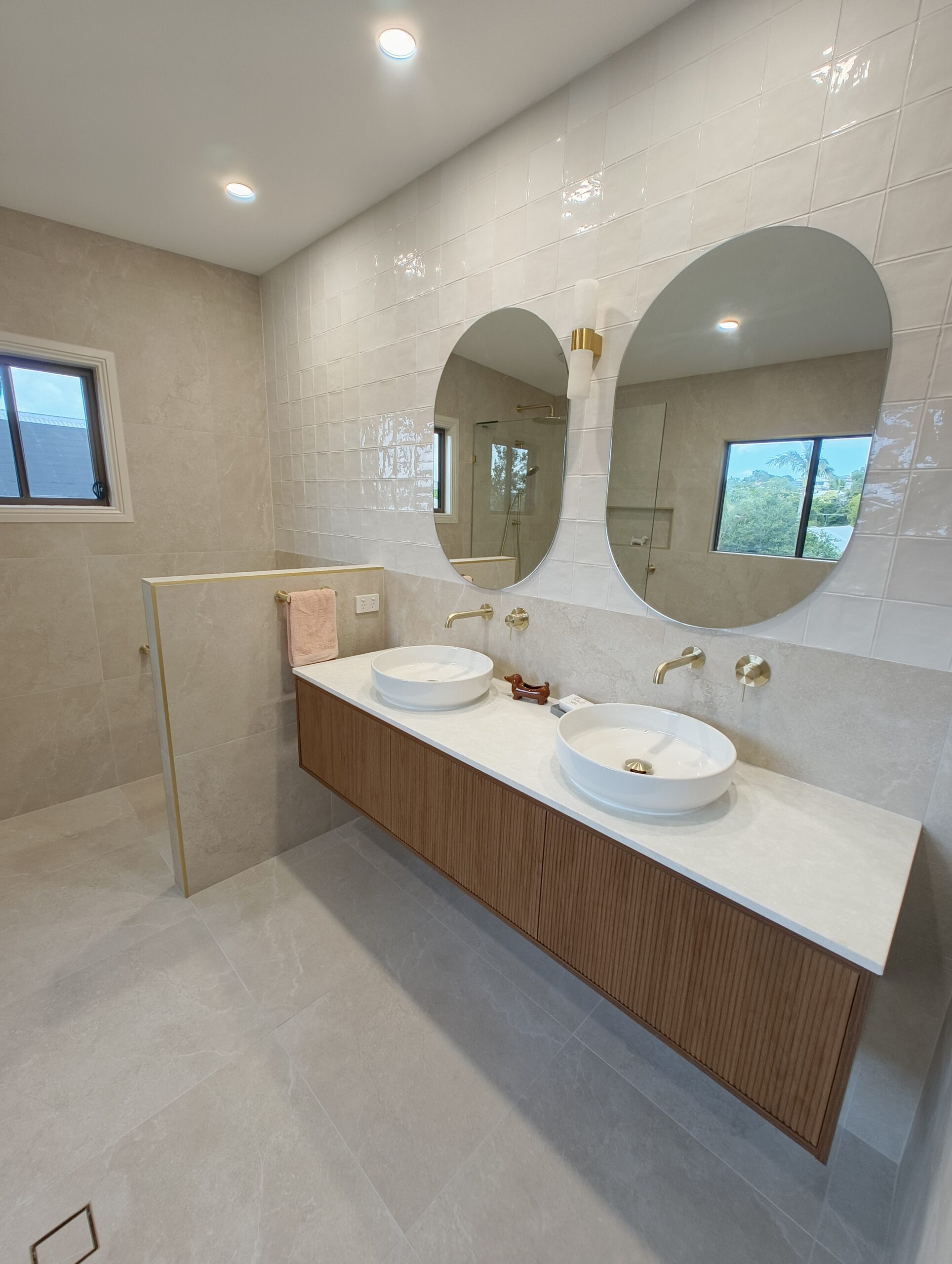 Camp Hill ensuite renovation - double vanity with brushed gold tapware