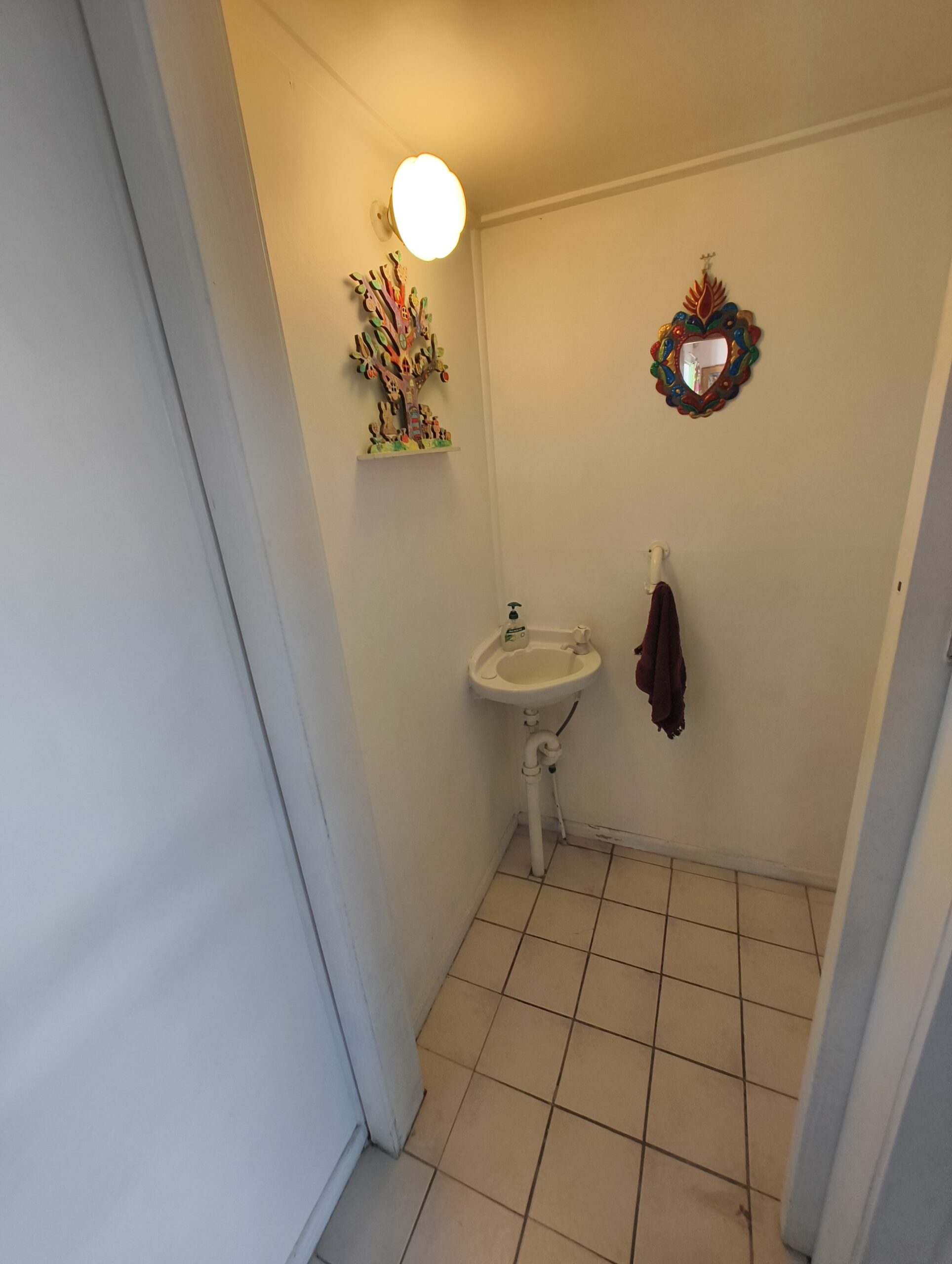 Graceville Queenslander separate toilet before renovation with corner basin and old floor tiles