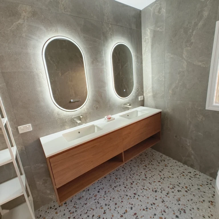 East Brisbane ensuite renovation with Timberline Baltimore 1800 double vanity in Florentine Walnut and twin LED pill mirrors