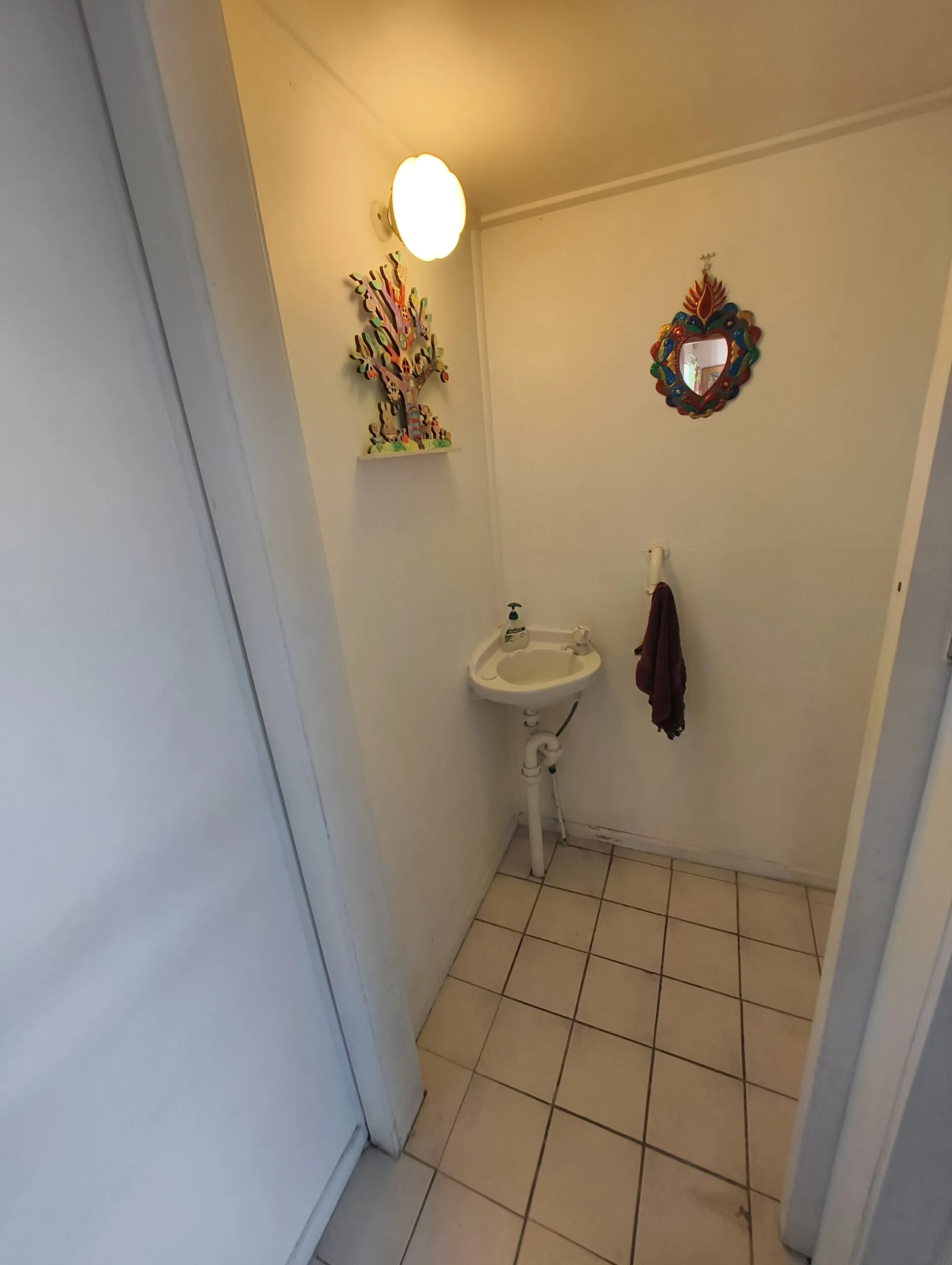 Graceville Queenslander separate toilet before renovation with corner basin and old floor tiles
