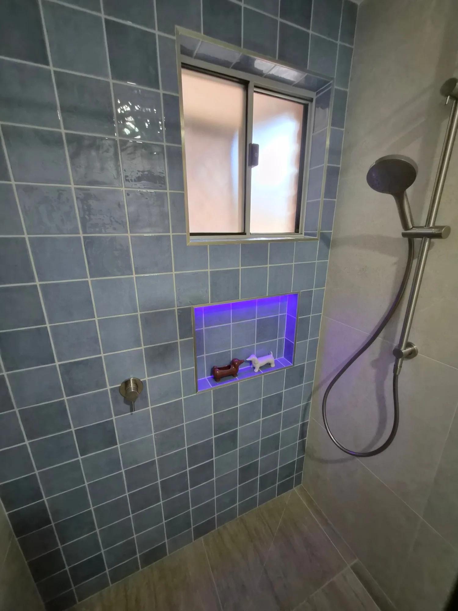 Blue 125x125 Mertilo gloss feature tiles and lit niche in the Red Hill ensuite shower