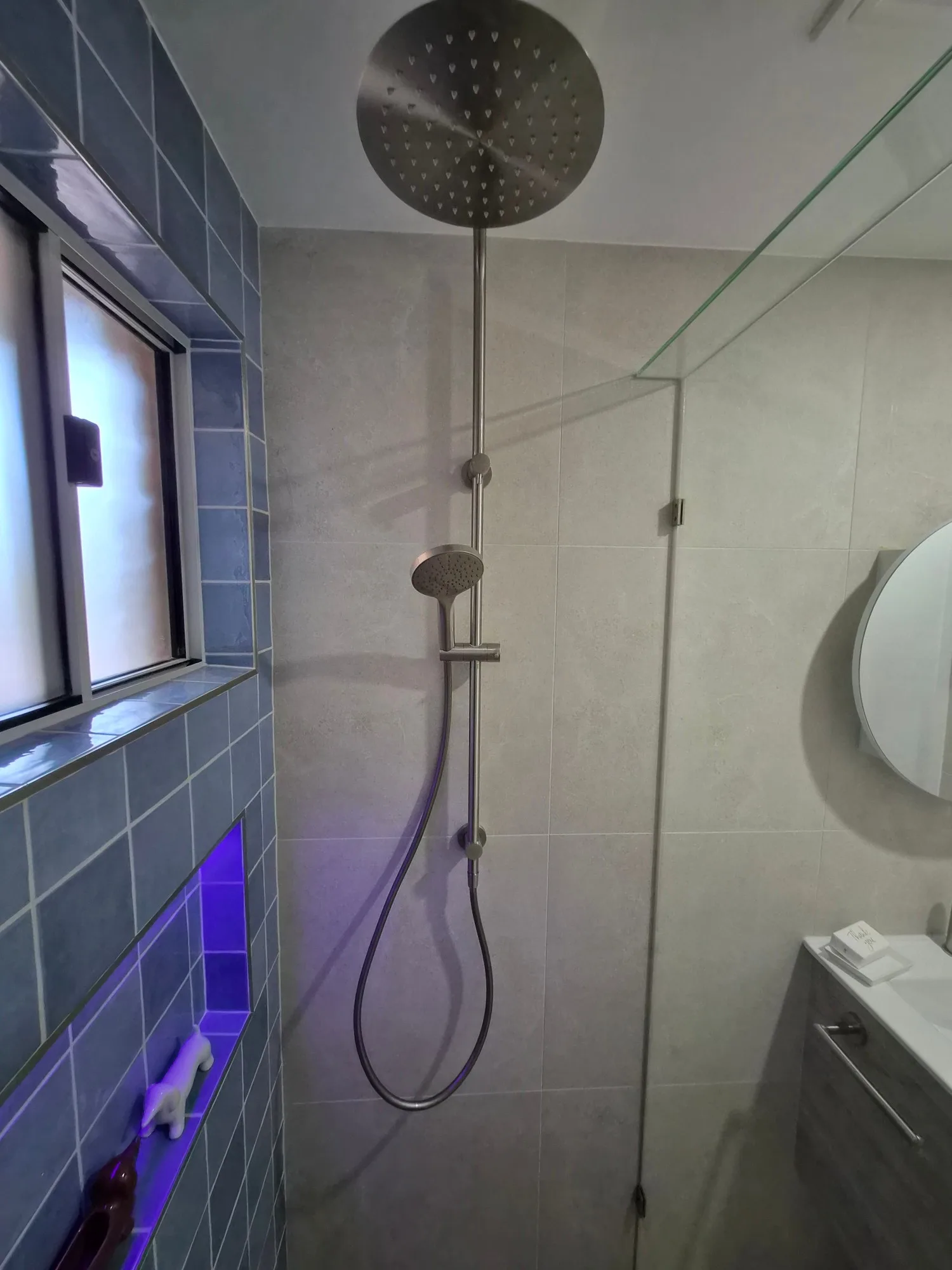 Nero Dolce II brushed nickel rain shower and lit niche in the Red Hill ensuite renovation